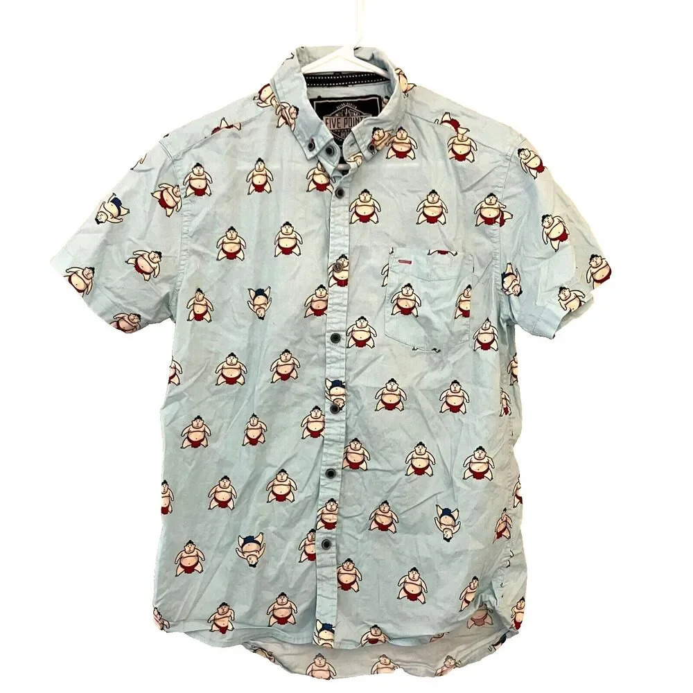 Five Points Men Aqua Button Down Shirt S Slim Fit Flex Sumo Wrestler Rikishi